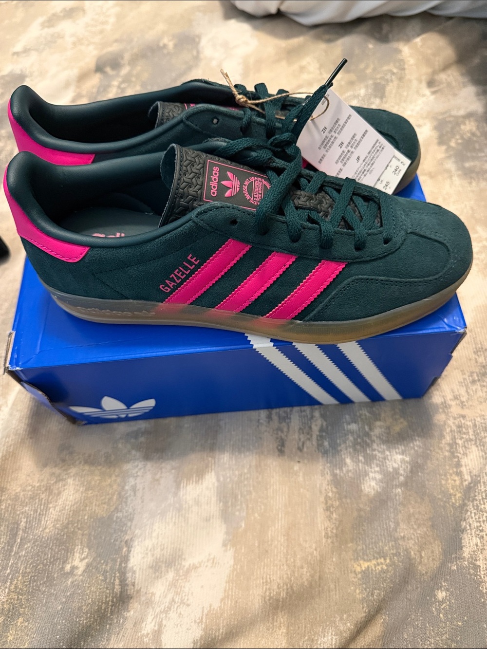 adidas Gazelle Green Suede Sneakers with Pink Stripes